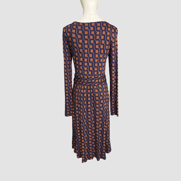 Boden Geometric Print Long Sleeve Midi Dress Blue Rust US 6R Pockets NWT - Picture 6 of 10